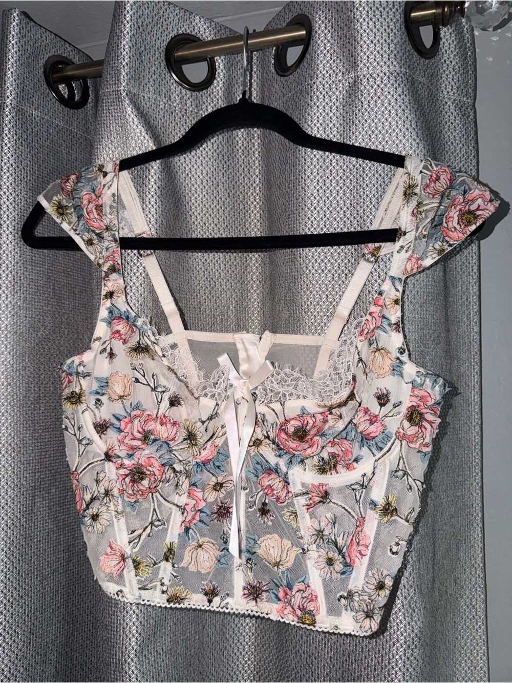 Victoria's Secret Cream Floral Lace-Trim Crop Top with Pink & Blue Flowers